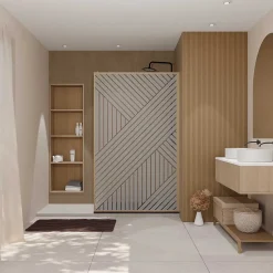 Paroi de douche 120x200 HINATA - Style Japandi Geometrique - Cadre Effet Bois - Verre 6mm