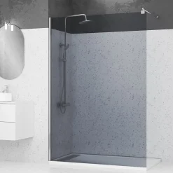 Paroi de Douche 140x200cm Verre Fumé 8mm - Barre de Fixation Extensible et Profil Chrome