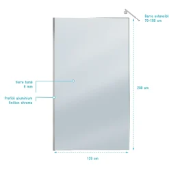 Paroi de Douche 120x200cm Verre Fumé 8mm - Barre de Fixation Extensible et Profil Chrome