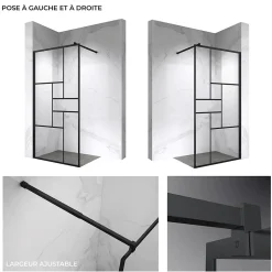 Paroi douche Italienne INEA noir 100 x 200 cm verre sérigraphié 8mm, atelier, transparent - Saniverre