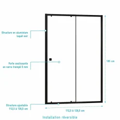 Paroi porte de douche Coulissante Noir 120x185cm - Extensible de 112.5 à 126.5 cm - BLACK SLIDE 120