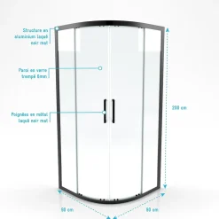 Paroi porte de douche quart de cercle 90x90x200cm - PROFILE NOIR MAT - verre trempé 6mm