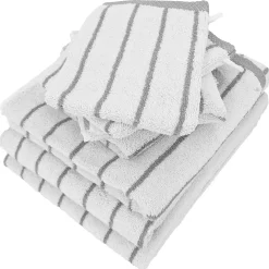 Parure de bain 7 pièces collection PURE LIGHT motif rayures pur coton gris