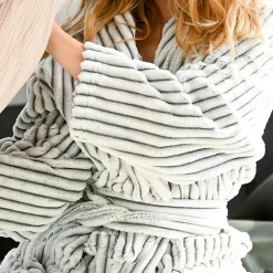 Peignoir polaire homme femme côtelé extra doux Blanc/Anthracite XL KASH