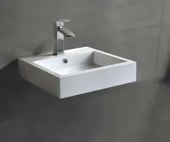 Petit Lavabo design mural 45x45x12,5cm, Vasque suspendue en marbre coulé avec bonde Pop-up - Blanc - BS6050