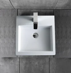 Petit Lavabo design mural 45x45x12,5cm, Vasque suspendue en marbre coulé avec bonde Pop-up - Blanc - BS6050