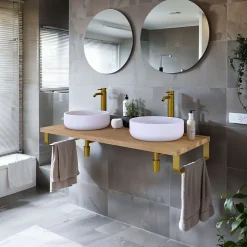 Plan de toilette 121x49x3 cm T-BATH hydrofuge placage chêne naturel avec supports or