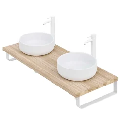 Plan de toilette 121x49x3 cm T-BATH hydrofuge placage orme naturel avec supports blancs