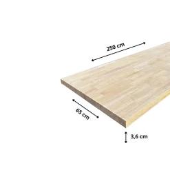 Plan de travail Hévéa Massif Lamellé Collé Abouté, L.250 cm x l.65 cm, Ep.36 mm