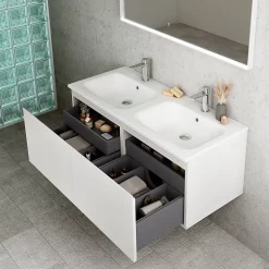 Plan double vasque blanc brillant en résine l.120 cm, Pura+