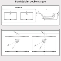 Plan double vasque en résine de synthèse gris RESIPLAN - 140 cm