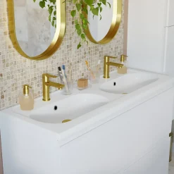 Plan vasque double l.120,6 x H.12,3 x P.45,2 cm, en céramique blanche, GoodHome levanna
