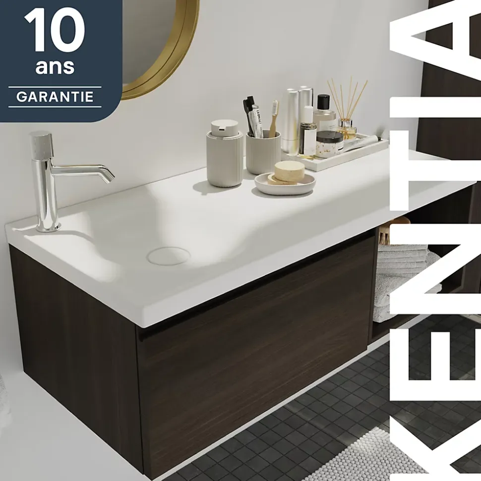 Plan vasque l.100 x P.45 cm en céramique avec plage de dépose à droite, blanc, Kentia