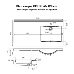 Plan vasque RESIPLAN - 124 cm avec vasque déportée à gauche