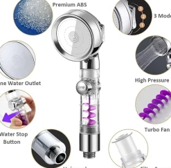 Pommeau de douche avec hélice - 3 modes - Ventilateur haute pression intégré avec bouton d'arrêt - Argenté