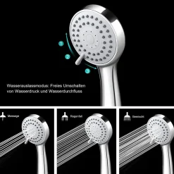 Pommeau de douche économie d'eau à 3 types de jet haute pression avec tuyau de 1,5 m et ruban téflon