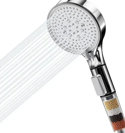 Pommeau de Douche, Douchette avec Filtre, Pommeau de Anti Calcaire Douche Haute Pression, Pommeau Douche avec 5 Modes, Argent