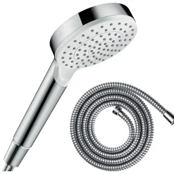 Pommeau de douche HANSGROHE Crometta EcoSmart blanc/chromé + flexible de douche 2 m HANSGROHE Metaflex chromé