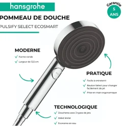 Pommeau de douche HANSGROHE Pulsify Select EcoSmart 105 3 jets Relaxation + flexible de douche Designflex 160 cm blanc mat