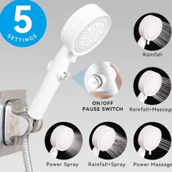 Pommeau de douche haute pression, économie d'eau, 5 jets, idéal pour le bain et le spa, anticalcaire, haute pression (blanc)