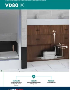 Pompe de relevage 2 entrées pour douche traditionnel ou extra plat WATERMATIC VD80 évacuation de 1 douche+1 lavabo