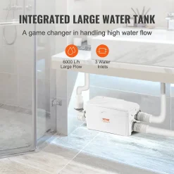 Pompe macératrice 350W, 3 entrées eau, 6000 L h, relevage 7 m, eaux usées sous-sol cuisine.