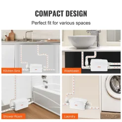 Pompe macératrice 350W, 3 entrées eau, 6000 L h, relevage 7 m, eaux usées sous-sol cuisine.