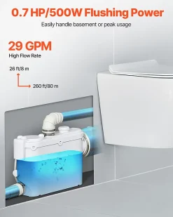 Pompe macératrice 500W, 6600 L h, ht. manométrique 8 m, 3 entrées eau, eaux usées.