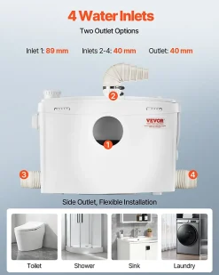 Pompe macératrice 1200W, sanitaire 4 entrées eau, 180 L min, ht. refoulement 10 m.