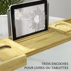 Pont plateau de baignoire extensible 75-109L cm - porte-gobelet et savon - bambou verni