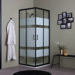 Porte De Douche Carrée 90X90 Avec Portes Sérigraphiées Et Profilés Noirs - City