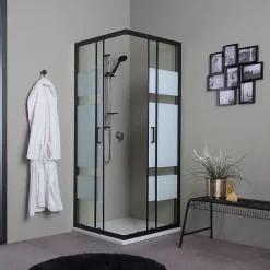 Porte De Douche Carrée 90X90 Avec Portes Sérigraphiées Et Profilés Noirs - City