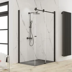 Porte de douche coulissante avec paroi latérale l.120+90 x H.200 cm, verre transparent, profilé noir mat, Schulte MasterClass