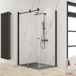 Porte de douche coulissante avec paroi latérale l.120+90 x H.200 cm, verre transparent, profilé noir mat, Schulte MasterClass