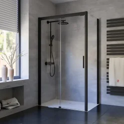 Porte de douche coulissante transparente l. totale 120 x H.200 cm avec porte latérale fixe gauche l.80 cm, profilé noir, Schulte Impériale 8