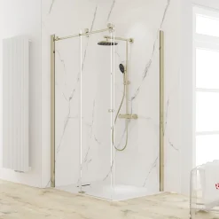Porte de douche coulissante avec paroi latérale l.120+80 x H.200 cm, verre transparent, profilé doré mat, Schulte MasterClass