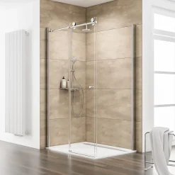 Porte de douche coulissante avec paroi latérale l.120+80 x H.200 cm, verre transparent anticalcaire, profilé chromé, Schulte MasterClass