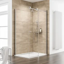 Porte de douche coulissante avec paroi latérale l.120+80 x H.200 cm, verre transparent anticalcaire, profilé chromé, Schulte MasterClass