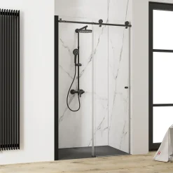 Porte de douche coulissante l.160 x H.200 cm, verre transparent, profilé noir mat, Schulte MasterClass