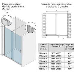 Porte de douche coulissante NAPOLI H.200 - largeur 130 cm verre transparent 8 mm - Saniverre