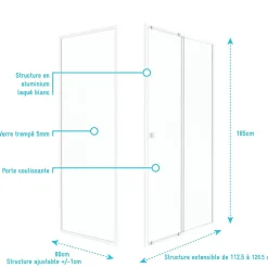 Porte de douche coulissante et paroi l.120 + 80 x H.185 cm profilés blancs, Galedo Spot