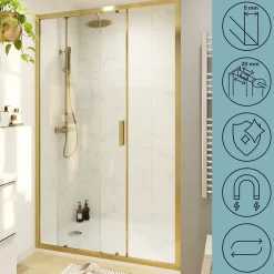 Porte de douche coulissante l.120 x H.195 cm, verre transparent, profilés alu finition doré brossé, GoodHome Ledava