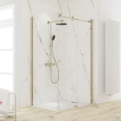Porte de douche coulissante avec paroi latérale l.100+80 x H.200 cm, verre transparent, profilé doré mat, Schulte MasterClass
