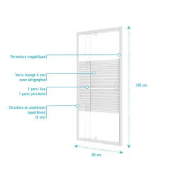 Porte de Douche Extensible de 69 a 80 x 185cm - Profil Blanc - Verre Trempé 4mm - FLEXY
