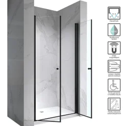 Porte de douche GINA-BLACK H.195 cm, largeur réglable 104 à 108 cm, verre 6 mm, anticalcaire - Saniverre