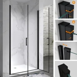 Porte de douche KAYA-BLACK H. 195, l. 77-80 cm, verre transparent 6 mm anticalcaire - Saniverre
