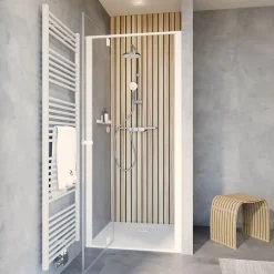 Porte de douche pivotante en niche l.90 x H.200 cm, verre transparent, profilé blanc mat, Schulte Impériale
