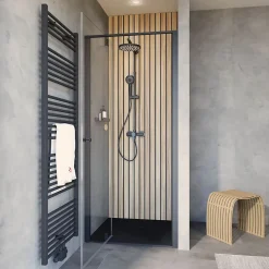 Porte de douche pivotante en niche l.90 x H.200 cm, verre transparent, profilé noir mat, Schulte Impériale