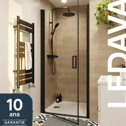 Porte de douche pivotante l.90 x H.195 cm, verre transparent, profilés alu noir, GoodHome Ledava