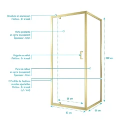 Porte de douche pivotante et paroi fixe l.90 x 90 x H.200 cm profilés doré brossé, Galedo Factory